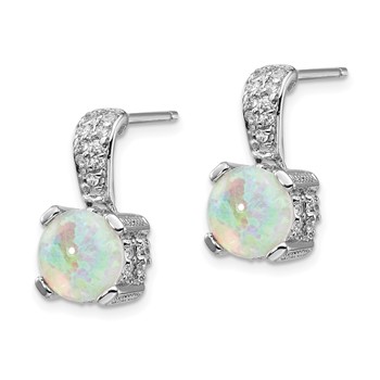 Cheryl M Sterling Silver Rhodium-plated 8mm Cabochon Lab Created Opal and Brilliant-cut CZ Post Dangle Earrings — alternate view