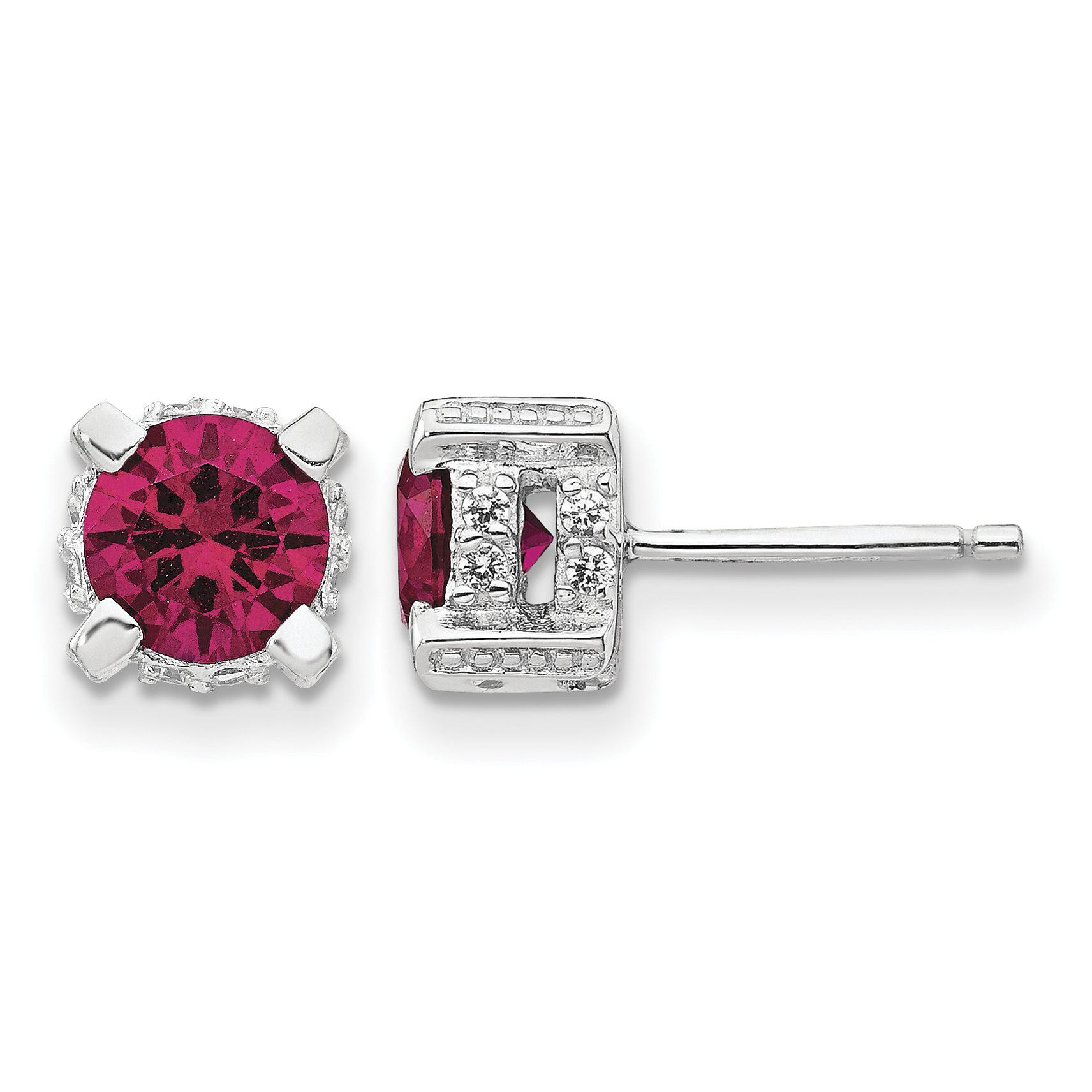 Cheryl M Sterling Silver Rhodium-plated Brilliant-cut 6.5mm Lab Created Ruby and Brilliant-cut White CZ Stud Post Earrings