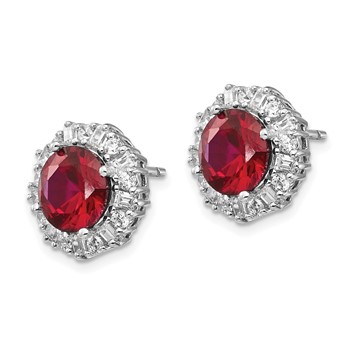 Cheryl M Sterling Silver Rhodium-plated Brilliant-cut Lab Created Ruby and Brilliant-cut/Baguette-cut White CZ Post Earrings — alternate view