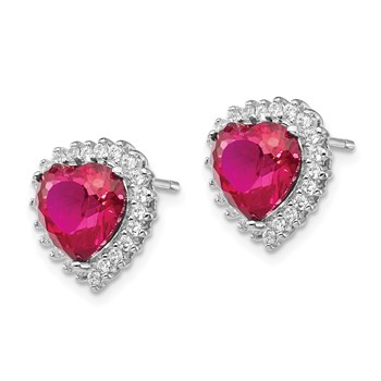 Cheryl M Sterling Silver Rhodium-plated 100 Facet Lab Created Ruby and Brilliant-cut White CZ Heart Halo Post Earrings — alternate view