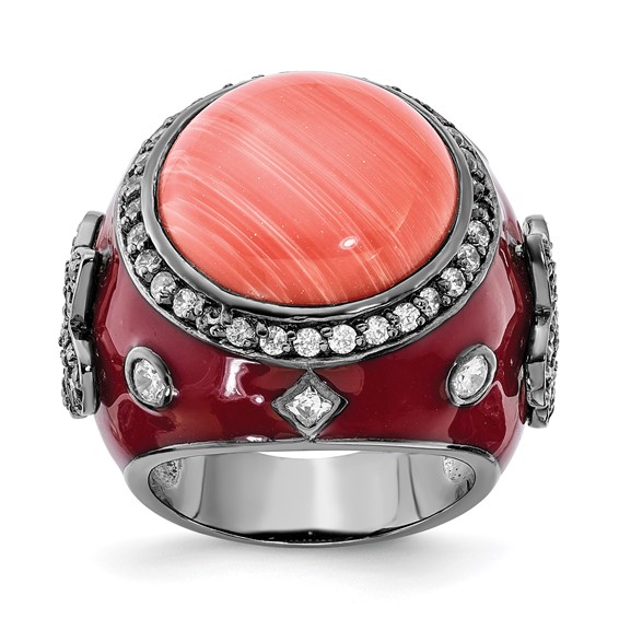 Sterling Silver Black Rhodium-plated Red Enamel Simulated Coral