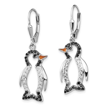 Cheryl M Sterling Silver Rhodium-plated with Black Rhodium Accent Enameled Brilliant-cut Black and White CZ Penguin Leverback Dangle Earrings — alternate view