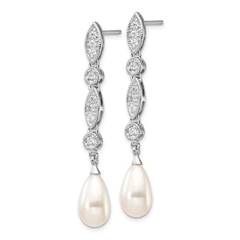 Cheryl M Sterling Silver Rhodium-plated Teardrop Freshwater Cultured Pearl and Brilliant-cut CZ Post Dangle Earrings — alternate view