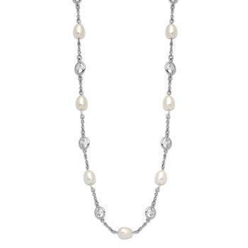 Cheryl M Sterling Silver Rhodium-plated Freshwater Cultured Pearl and Brilliant-cut CZ Bezel Station 36 Inch Necklace — alternate view