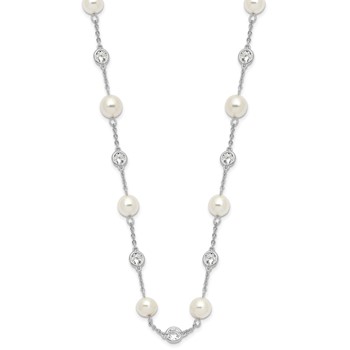 Cheryl M Sterling Silver Rhodium-plated Glass Pearl and Brilliant-cut CZ Bezel Station 36 Inch Necklace — alternate view