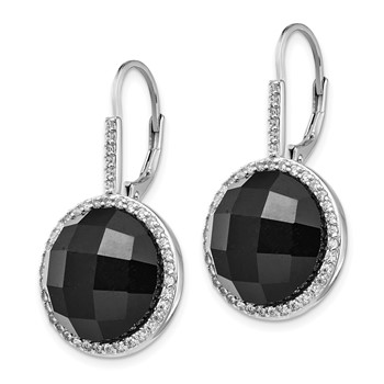 Cheryl M Sterling Silver Rhodium-plated Checker-cut Onyx and Brilliant-cut White CZ Round Halo Dangle Leverback Earrings — alternate view