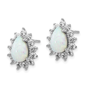 Cheryl M Sterling Silver Rhodium-plated Cabochon Lab Created Opal and Brilliant-cut CZ Teardrop Halo Post Earrings — alternate view
