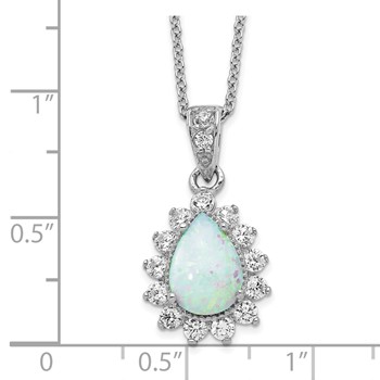 Cheryl M Sterling Silver Rhodium-plated Cabochon Lab Created Opal and Brilliant-cut CZ Teardrop Halo 18 Inch Necklace — alternate view