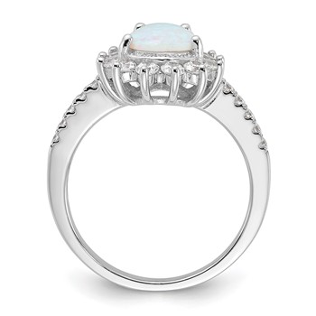 Cheryl M Sterling Silver Rhodium-plated Cabochon Lab Created Opal and Brilliant-cut CZ Teardrop Halo Ring — alternate view