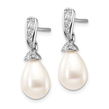Cheryl M Sterling Silver Rhodium-plated Teardrop White Freshwater Cultured Pearl and Brilliant-cut CZ Post Dangle Earrings — alternate view