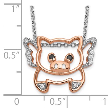 Cheryl M Sterling Silver Rose Gold-plated Brilliant-cut Black Glass and Brilliant-cut White CZ Flying Pig 18 Inch Necklace — alternate view