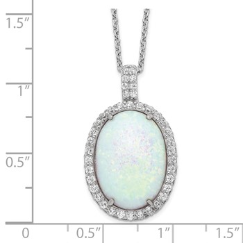 Cheryl M Sterling Silver Rhodium-plated Cabochon Lab Created Opal and Brilliant-cut CZ Oval Halo 18 Inch Necklace — alternate view