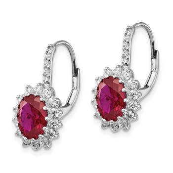 Cheryl M Sterling Silver Rhodium-plated Brilliant-cut Lab Created Ruby and Brilliant-cut White CZ Oval Halo Leverback Earrings — alternate view