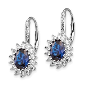 Cheryl M Sterling Silver Rhodium-plated Brilliant-cut Lab Created Dark Blue Spinel and Brilliant-cut White CZ Oval Halo Leverback Earrings — alternate view