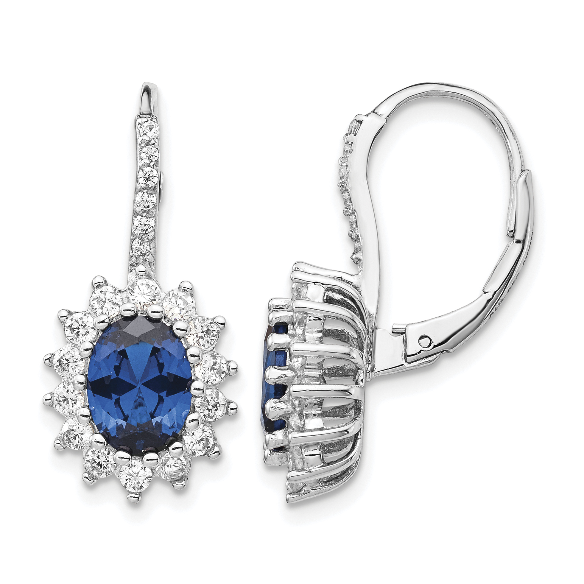 Cheryl M Sterling Silver Rhodium-plated Brilliant-cut Lab Created Dark Blue Spinel and Brilliant-cut White CZ Oval Halo Leverback Earrings