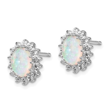 Cheryl M Sterling Silver Rhodium-plated Cabochon Lab Created Opal and Brilliant-cut CZ Oval Halo Post Earrings — alternate view