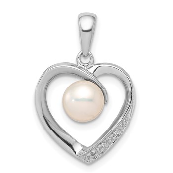Sterling Silver Rhodium 6mm FW Cultured Pearl and Diamond Heart Pendant