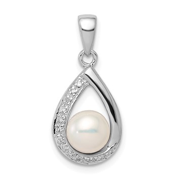 Sterling Silver Rhodium 6mm FW Cltrd Pearl and Diamond Teardrop Pendant