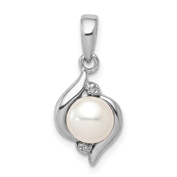 Sterling Silver Rhodium 6mm FW Cultured Pearl and Diamond Pendant