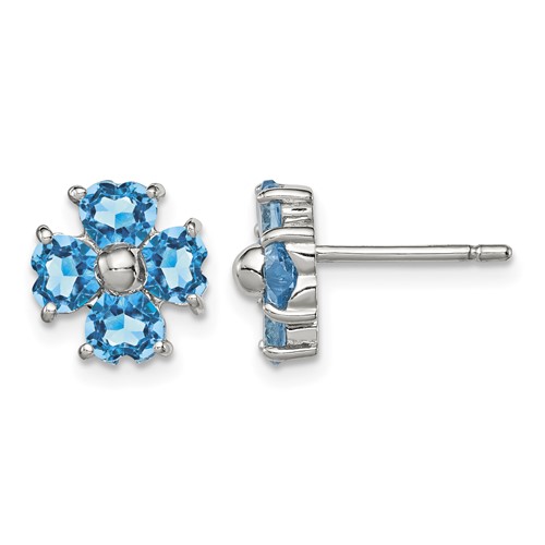 Sterling Silver Rhodium Plated Blue Topaz Flower Post Earrings