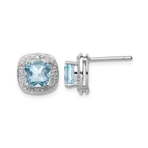 Sterling Silver Rhodium Plated Blue Topaz and Diamond Post Earrings