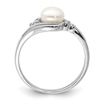 Sterling Silver Rhodium 6mm FW Cultured Button Pearl & Diamond Ring — alternate view