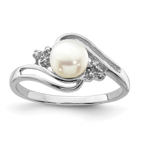 Sterling Silver 6mm Cultured Button Pearl And Diamond Ring