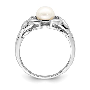 Sterling Silver Rhodium FW Cultured Button Pearl & Diamond Ring — alternate view