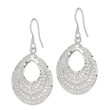 Sterling Silver Polished Textured D/C Filigree Teardrop Dangle Earrings — alternate view