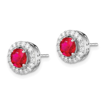 Sterling Silver Rhodium Diamond & Glass Filled Ruby Circle Post Earrings — alternate view