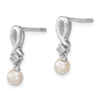 Sterling Silver Rhodium-plated FW Cultured Pearl Diamond Earrings — alternate view