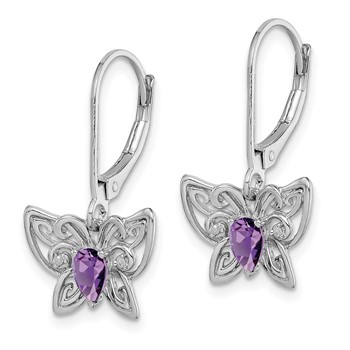 Sterling Silver Rhodium-plated Amethyst and Diamond Butterfly Earrings — alternate view