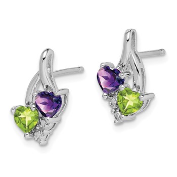 Sterling Silver Rhodium-plated Amethyst Peridot Diamond Earrings — alternate view