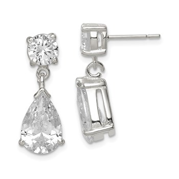 Sterling Silver Polished CZ Pear Shaped Post Dangle Earrings