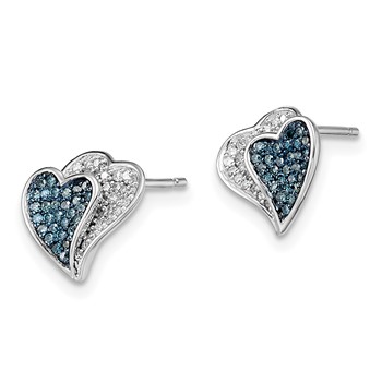 Sterling Silver Rhodium Plated Blue & White Diamond Hearts Earrings — alternate view