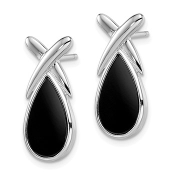 Sterling Silver Rhod-plated Polished Onyx Teardrop X Post Drop Earrings — alternate view