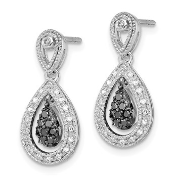 White Night Sterling Silver Rhodium-plated Black and White Diamond Double Teardrop Dangle Post Earrings — alternate view
