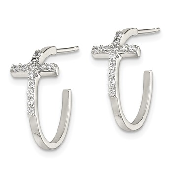 Sterling Silver Rhodium-plated CZ Cross Hoop Earrings — alternate view
