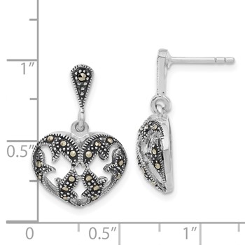 Sterling Silver Antiqued Marcasite Heart Dangle Post Earrings — alternate view