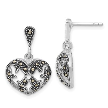 Sterling Silver Antiqued Marcasite Heart Dangle Post Earrings