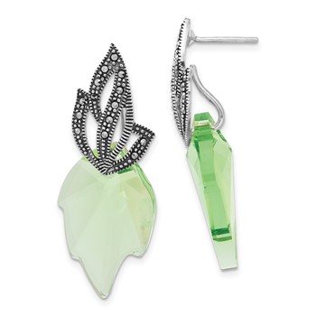 Sterling Silver Polished & Antiqued Marcasite & Crystal Leaf Post Dangle Earrings