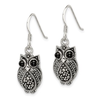 Sterling Silver Antiqued Marcasite/Blk Agate Owl Shepherd Hook Earrings — alternate view