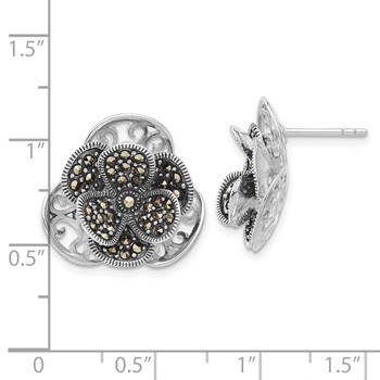 Sterling Silver Polished & Antiqued Marcasite Flower Post Earrings — alternate view