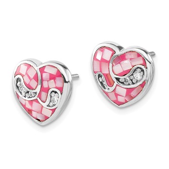 Sterling Silver Mosaic Pink Mother of Pearl & CZ Heart Post Earrings — alternate view