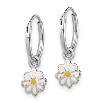 Sterling Silver Rhodium-plated Polished Yellow & White Enamel Daisy Dangle Children's Round Hoop Earrings — alternate view