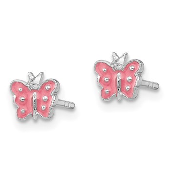 Sterling Silver Rhodium-plated Polished Pink Enameled Butterfly Children's Post Earrings — alternate view
