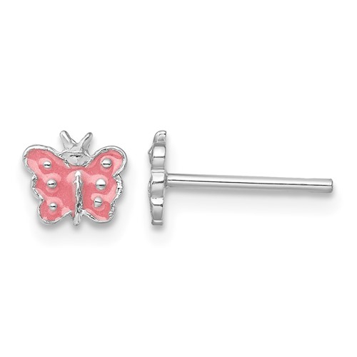 Sterling Silver RH-pltd Pink Enameled Petite Butterfly Post Earrings