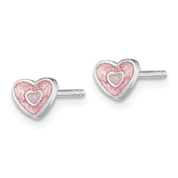 Sterling Silver Rhodium-plated Polished Pink Glitter Enamel Heart Children's Post Earrings — alternate view