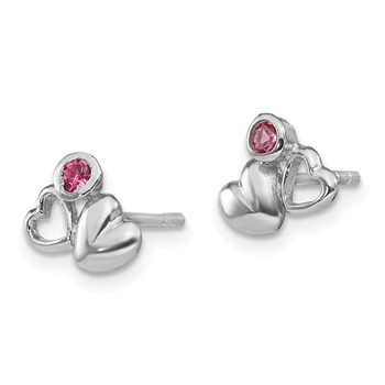 Sterling Silver Rhodium-plated Polished Pink Preciosa Crystal Double Heart Children's Post Earrings — alternate view