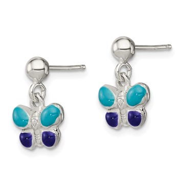 Sterling Silver Polished Blue & Purple Enameled Butterfly Children's Post Dangle Earrings — alternate view